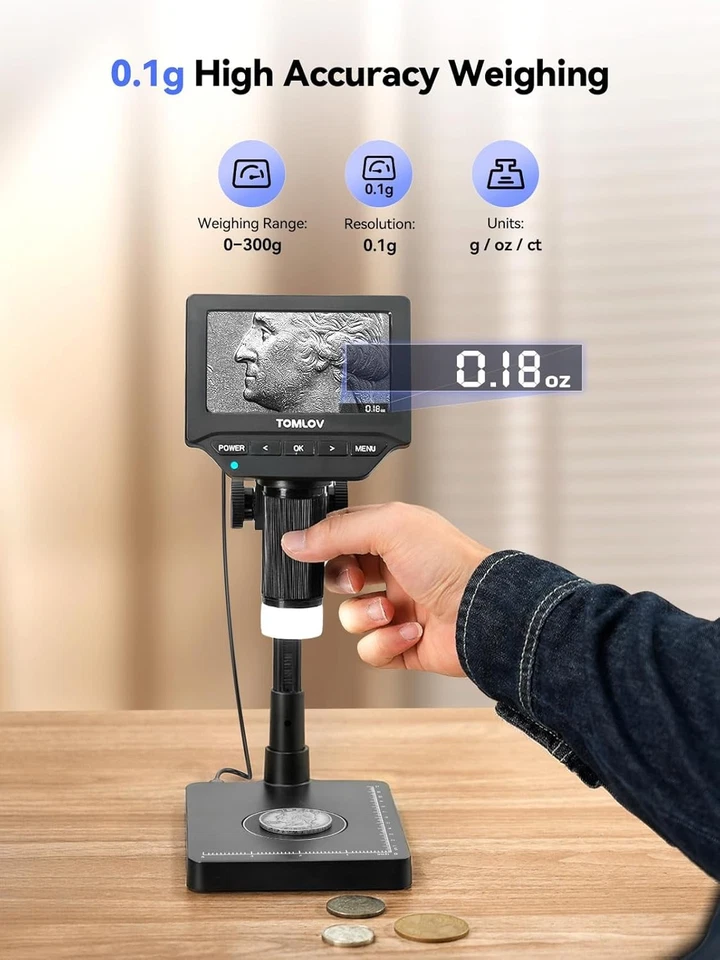 Микроскоп TOMLOV DM4W с весами 4,3 дюйма цифровой монетный микроскоп 10–200X - Изображение 3 из 4