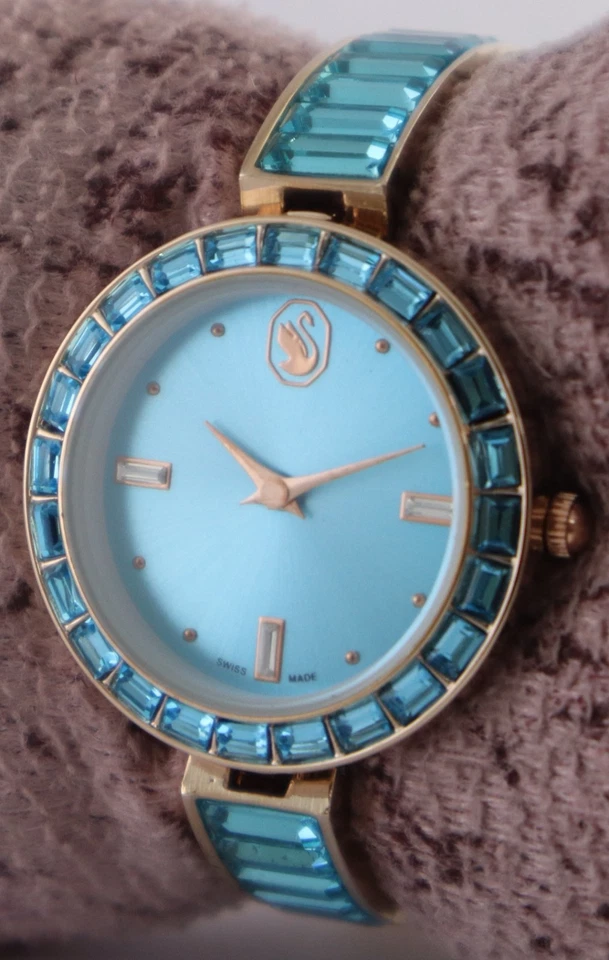 Beautiful Swarovski Women Blue Dial Quartz Great Working Wristwatch Steel Band - image 2 of 4