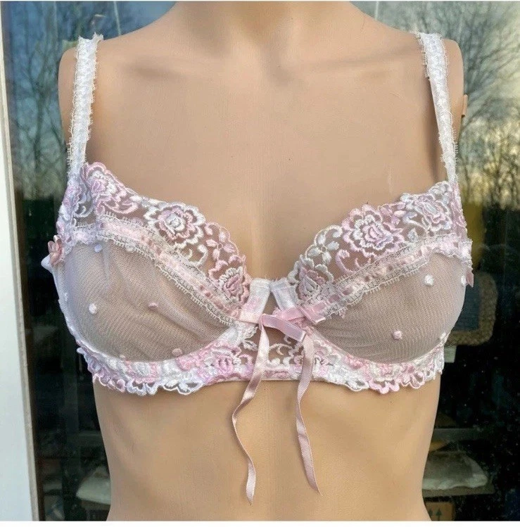 36B White & Light Pink Little Bo Peep Jezebel Mesh & Floral Embroidered Bra - Image 3 of 4
