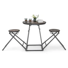 3PCS Bar Table Set Round Pub Dining Table & 2 Foldable Stools w/ Metal Frame