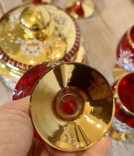 5 Venetian Murano Tre Fuochi Ruby Red 24k Gold Gilted Glass Snifters Lidded Dish - Picture 7 of 22