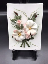 Delicate Flower Raised Bouquet on Tile Floral Porcelain Hand Painted 3D Floral