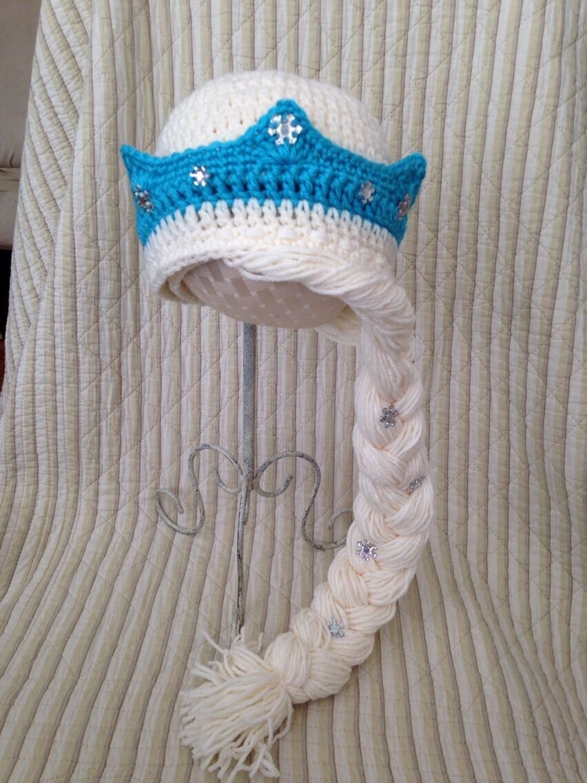 Custom Frozen Inspired Elsa Hand Crochet Hat With Long White Hair - Main Image