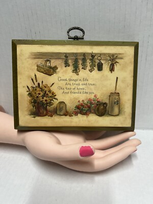 Plaque 3D Art Paper Sculpture Wood Vintage 1970 flowers herbs basket Kitchen