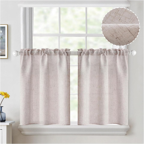 Linen Textured Kitchen Window Curtains over Sink 24 Inch Length Semi Sheer Farmh