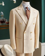 Cream Men Linen Suit Double Breasted Leisure Groom Tuxedo Wedding Prom Custom