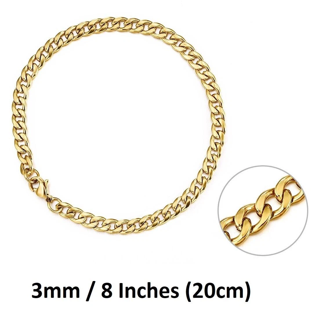 UK Shop STAINLESS STEEL BRACELET 3MM 8 INCH 20CM GOLD CURB MENS