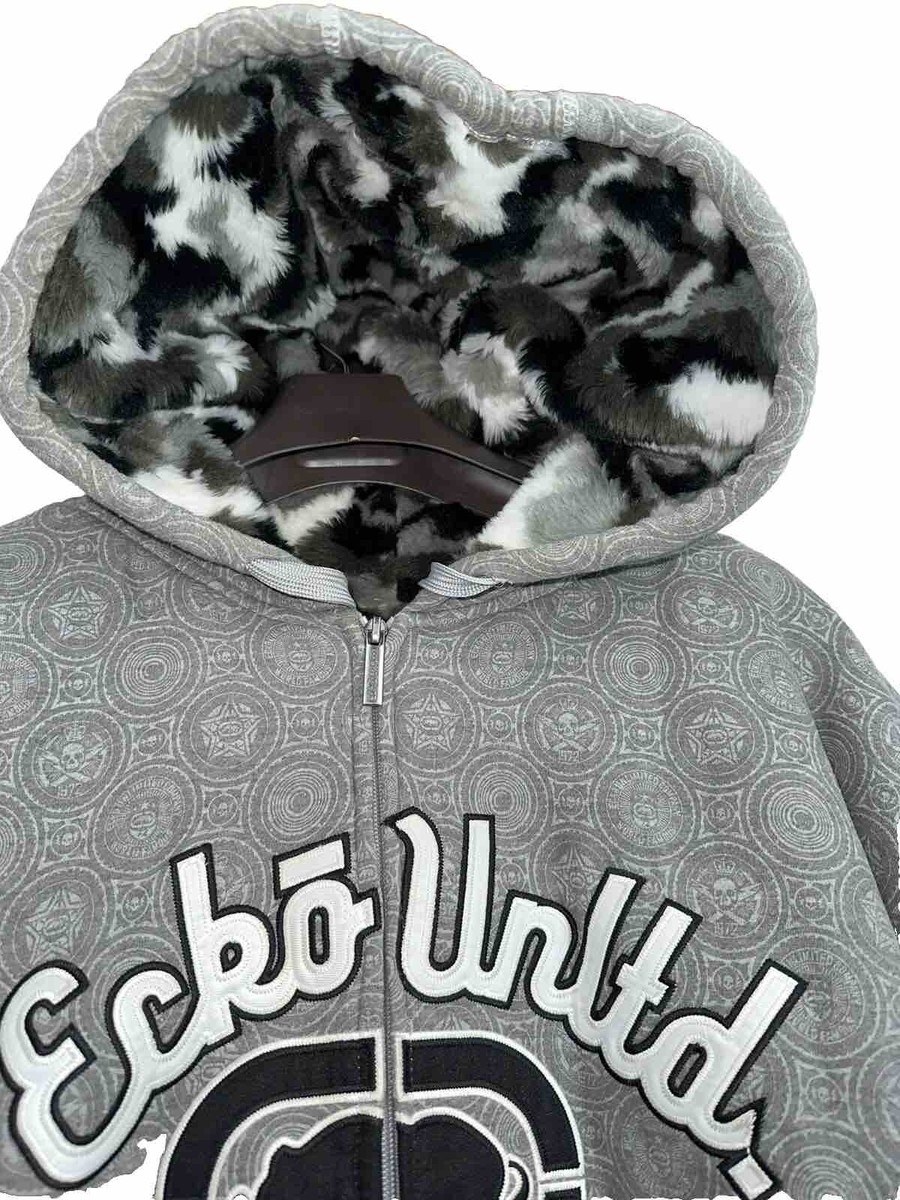 ECHO UNLTD Y2K FUR Lined Camo Gray Hooded Jacket 3XL Skulls ECHO UNLTD Y2K FUR Lined Camo Gray Hooded Jacket 3XL Skulls