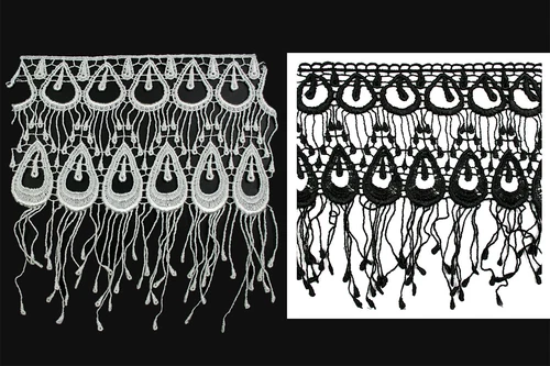 Unotrim 6.5" White & Black Venice Lace with Long Fringe Trim sold by Yard