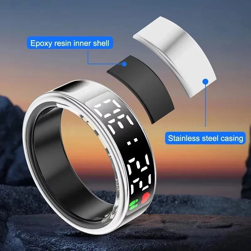Anillo inteligente 2025 Pantalla LED Frecuencia cardíaca Monitor de oxígeno en sangre Impermeable Foto 3 de 4