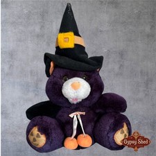 Vintage Purple Halloween Black Bear Plush Witch Hat Pumpkin Stuffed Animal