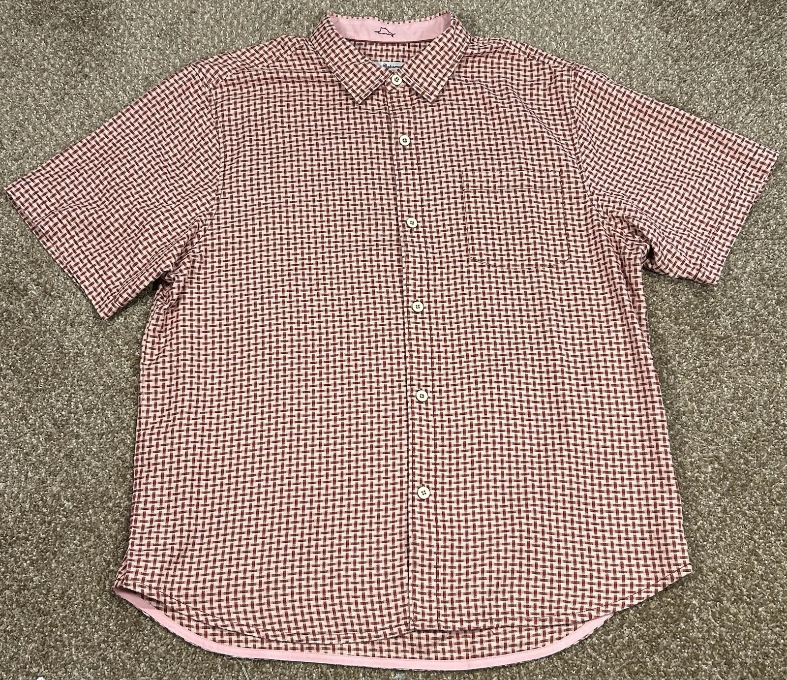 Tommy Bahama Mens 100% Silk Pink Geometric Print Short Sleeve Button Down XL