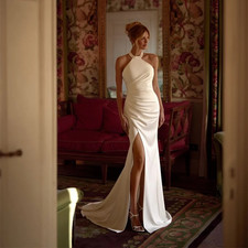 Halter Mermaid Wedding Dresses Side Slit Gown Zip-Up Court Train Prom Dress 2026