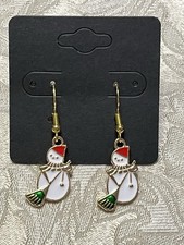 Christmas Snowman Holiday Gold Loop Enamel Drop Dangle Adorable Earring Set
