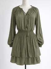 Ramy Brook Ruffle Mini Dress Army Green Smocked Waist V-Neck XS Tassel Adorable