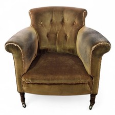 Antique Edwardian Tub Chair Velvet Button Back Armchair Castors Vintage Aged
