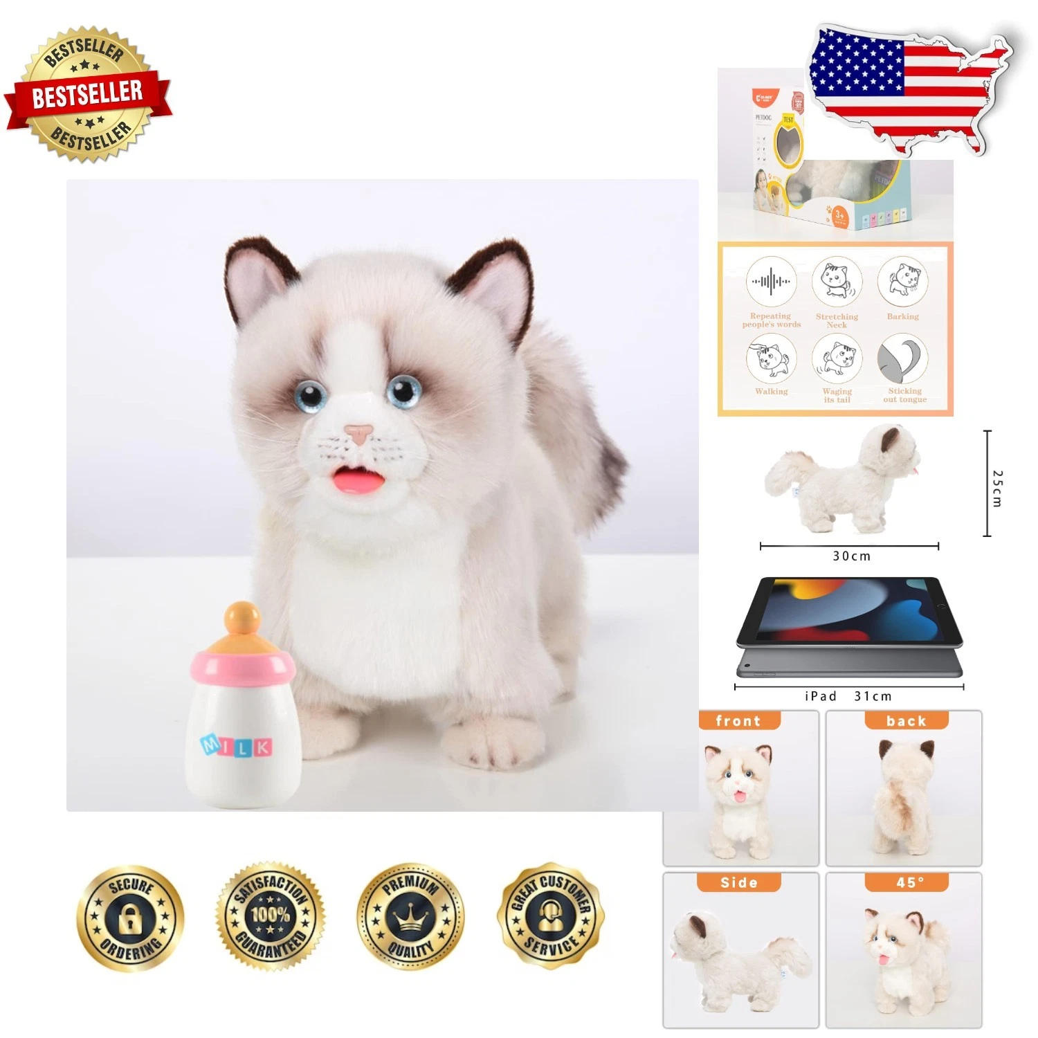 Handmade Ragdoll Cat Electronic Pet - Realistic Toy, Walks, Barks, Wagging Tail