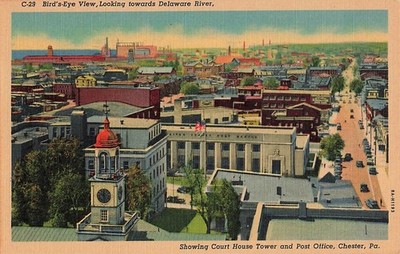 Postcard Chester, PA: Aerial View Court House, PO, Downtown | Vintage Linen