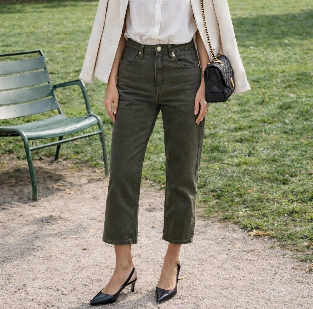 True NYC Denim Trousers Olive Green Cotton Women’s 27 High Rise Cropped