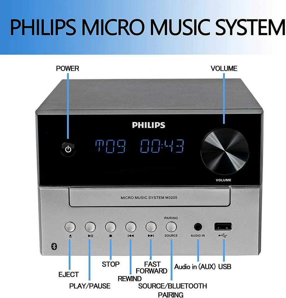 PHILIPS Stereo System Bluetooth with CD Player, MP3, USB, Audio In, FM Radio 18W - Image 3 of 4
