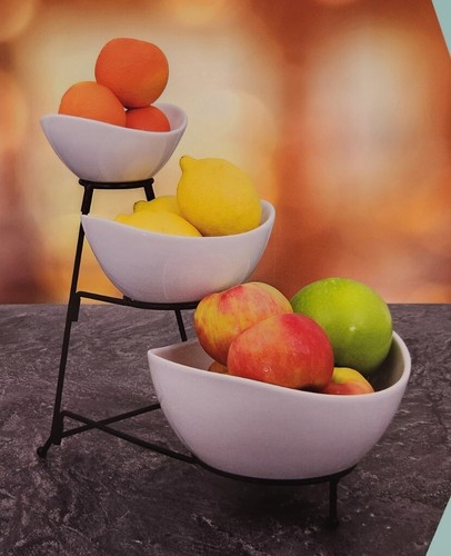 Benevolence 3-Tier Oval Bowl Serving Rack Set White Ceramic Stoneware Metal Rack - Picture 10 of 12