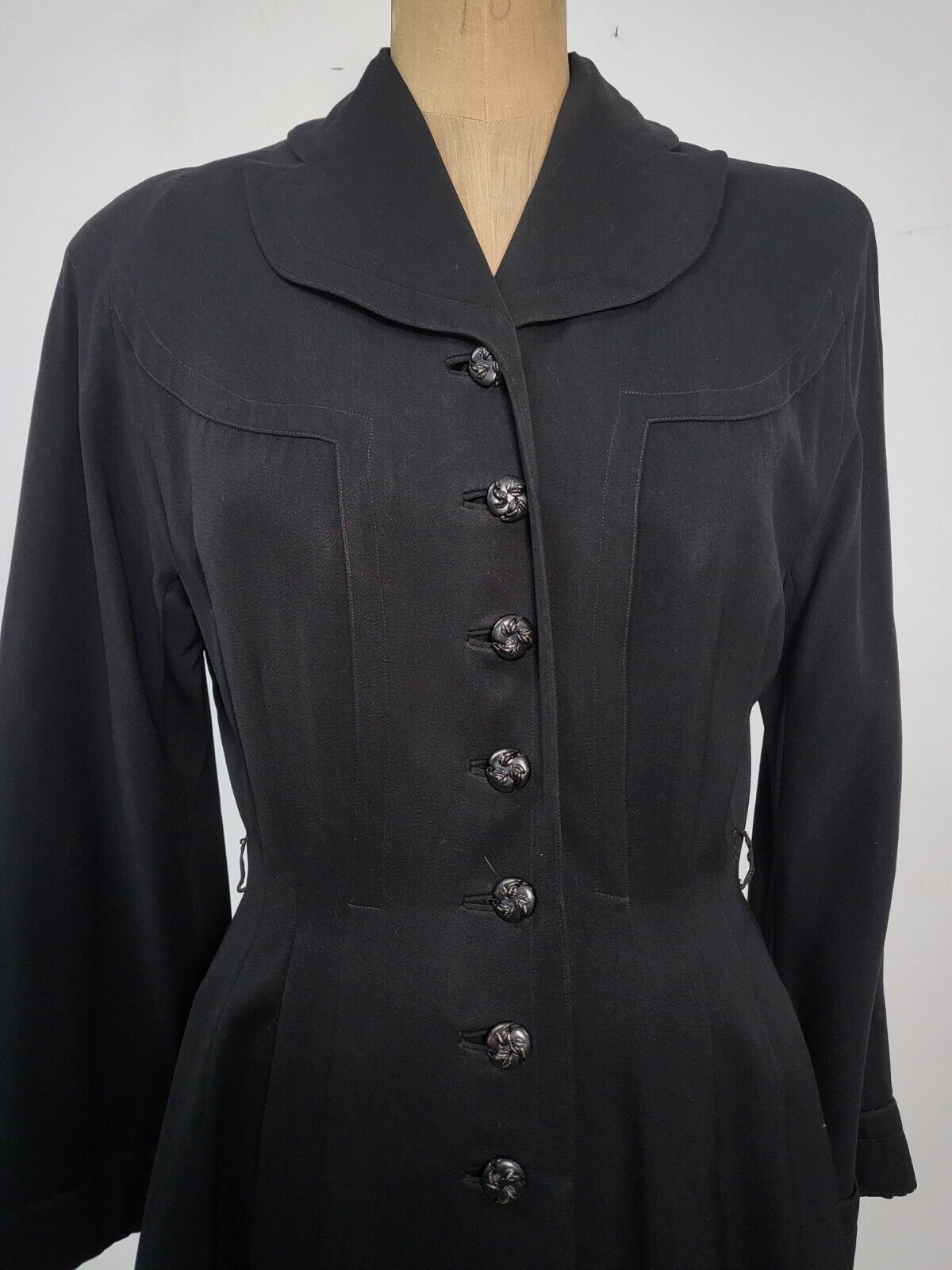 Vintage 40s Black Wool Gabardine Princess Coat NR… - image 3