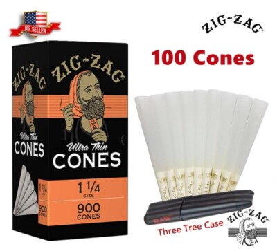 Zig-Zag  Ultra Thin Paper Cones 1 1/4 Size 100 Pack & Three Tree Case