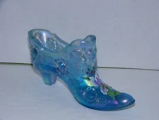 Fenton Rose Slipper Irises on Misty Blue Satin Iridescent Hand Painted Watson
