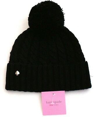 Kate Spade Black Cable Knit Cuff Pom Beanie Women display picture 1