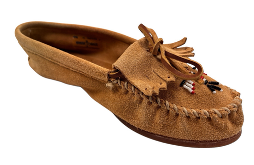 Mocasines Minnetonka bronceados para mujer talla 11 Thunderbird planos con cuentas cómodos sin cordones - Imagen 7 de 16