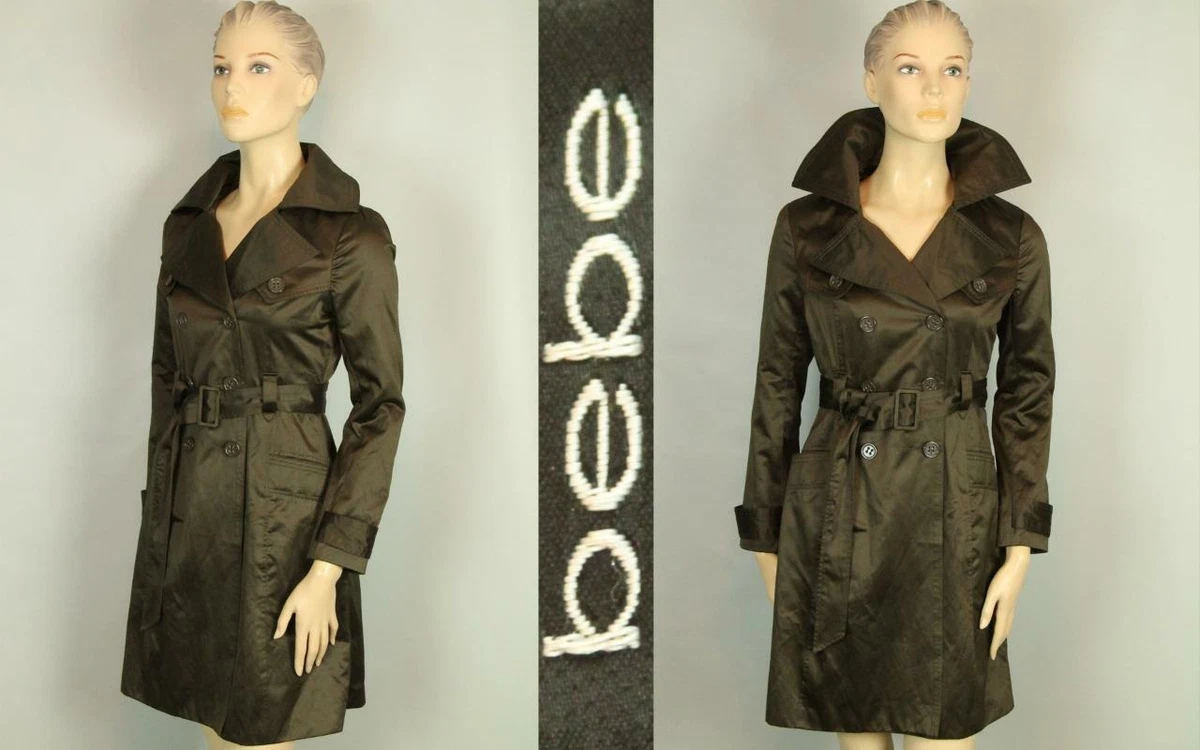 Designer BEBE Brown Satin Double Breasted Trench Coat w/ Belt S | eBay