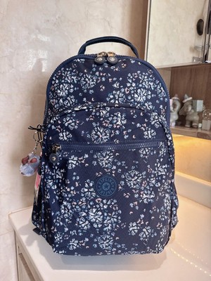 NWT Kipling Seoul 15'' laptop Large Backpack in colorful flower Navy blue 45cm
