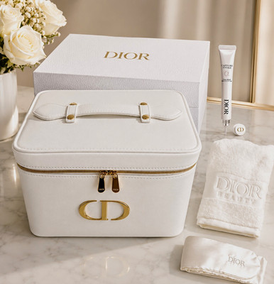Dior White/Gold Vanity Case w/ Mirror + Handle, Face Towel, Hairband, Eye Cream.