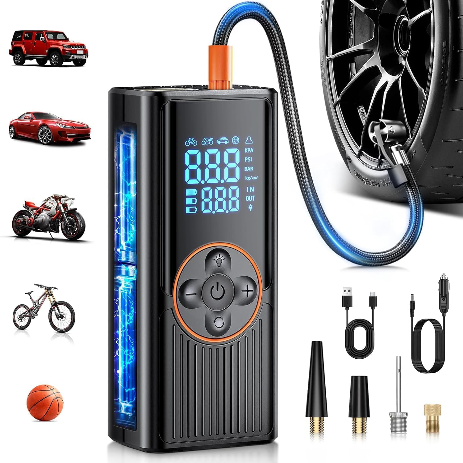 Compressore Aria Portatile per Auto 8000Mah, 150PSI Gonfiatore Elettrico a Doppi