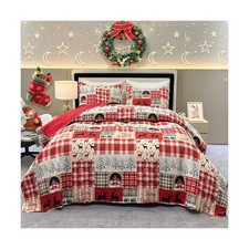 Christmas Quilt Set Queen Size 3-Piece Red Xmas Tree Snowflake Rein... Fast Ship