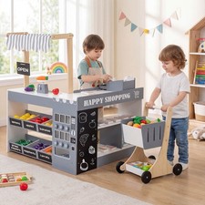 Kids Grocery Store Playset Wooden Pretend Play Supermarket w/ Shopping Cart