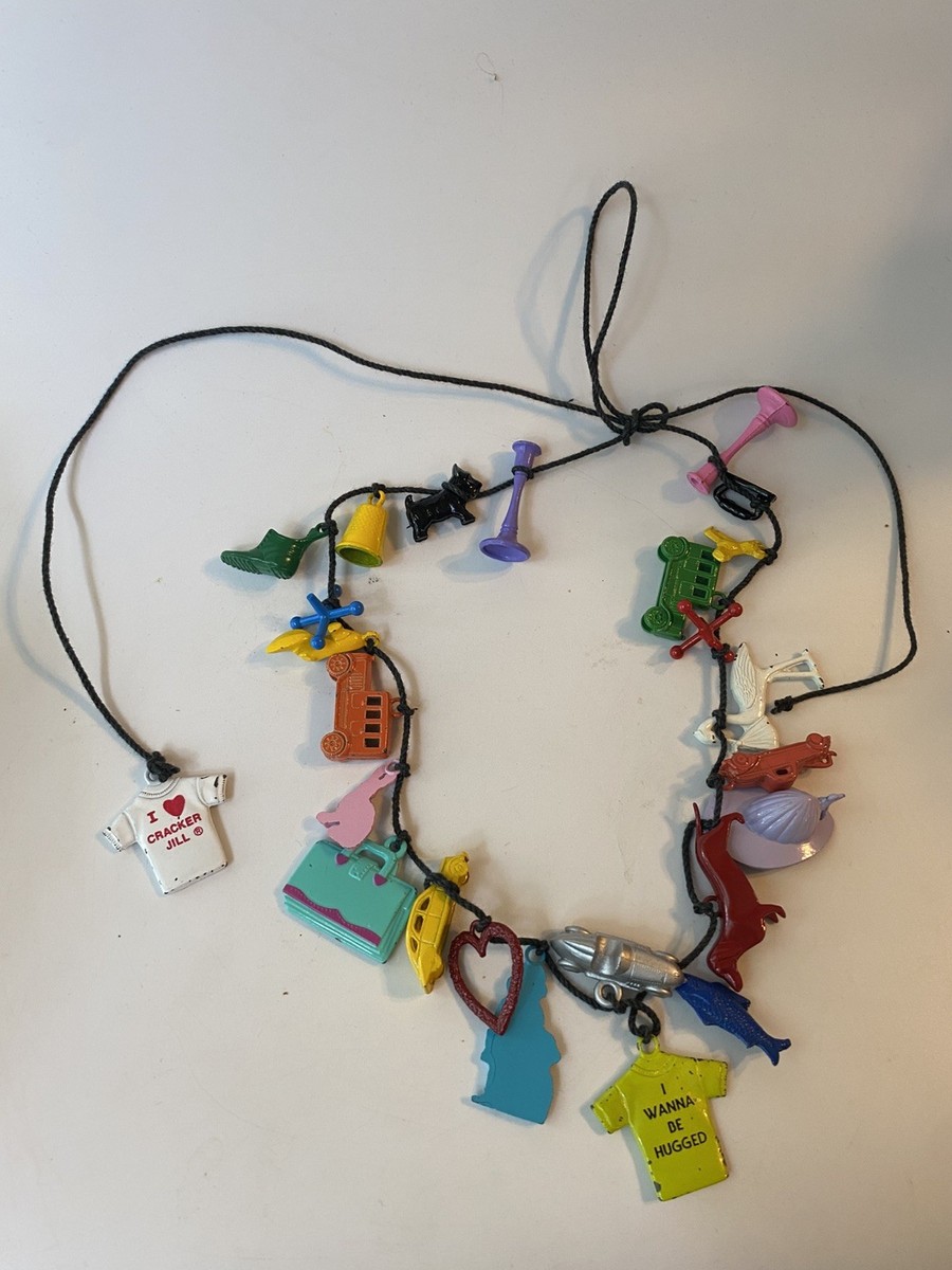 Vtg Cracker Jill Metal Charms String Necklace Box Dog Car Fish Shirt Jack