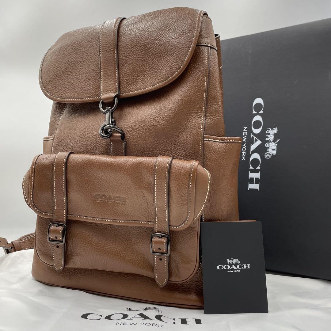 Coach Brown Leather Backpack - A4 Size, Multi-Pocket, Pre-Owned