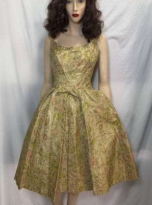 gold 1950s dress Vintage Emma Domb Lurex Floral Fit and Flare Cocktail Sz. Small jewel