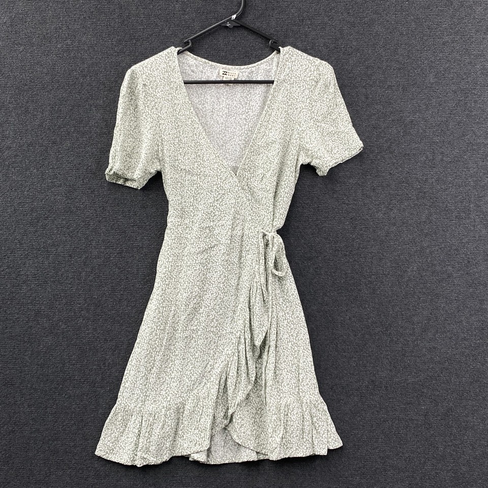 Billabong Womens Size 8 Mini Wrap Dress Green Leaf Print Tie V-Neck Ruffle Hem