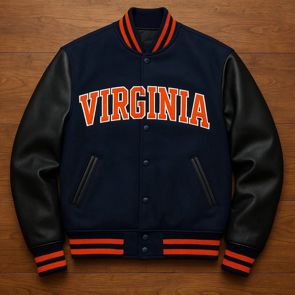 Virginia Letterman Varsity Jacket – Navy Wool Body with Black Leather Sleeves