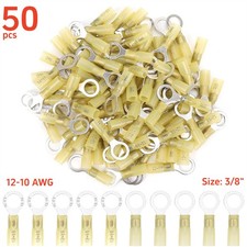50Pcs Heat Shrink Ring Terminal wire Connector Yellow 12-10 AWG Gauge 3/8" Hole