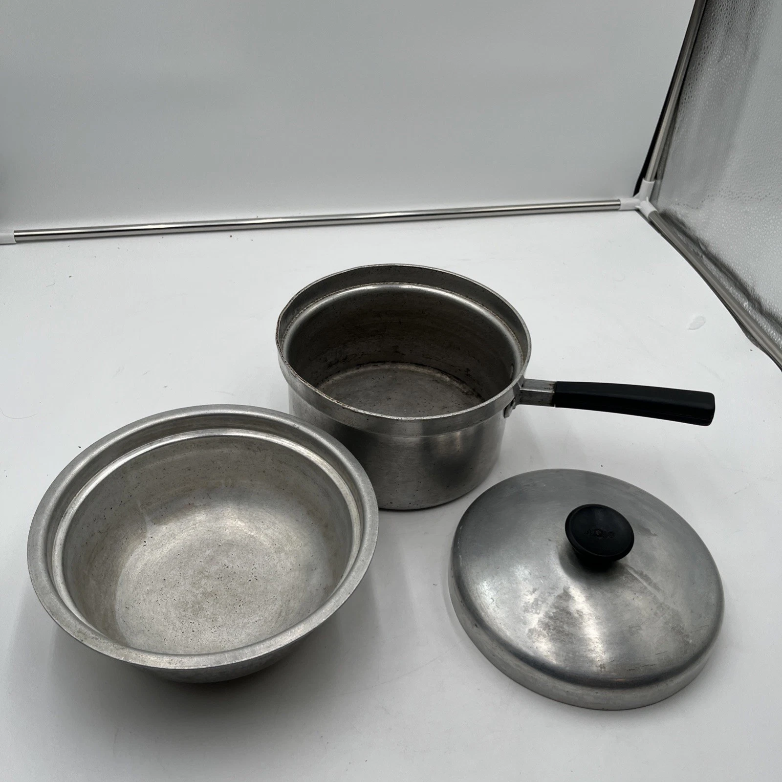 Vintage Regal Ware Aluminum Double Boiler Pot/ Sauce Pan W/ Bowl And Lid