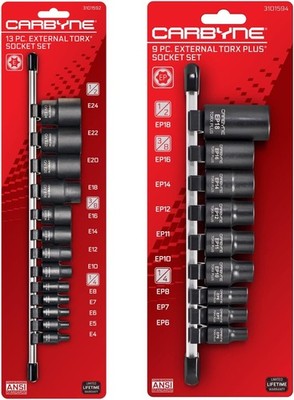 CARBYNE 13 Piece External Torx (eTorx) Socket Set (E4 to E24) AND 9 One Size 