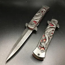 8.75” Dragon  Engraved Spring Open Assisted Tactical EDC Folding Pocket Knife
