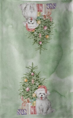 Red Santa Hat Bichon Frise Pup Christmas Dish Towel