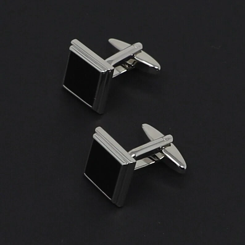 Da Uomo Gemelli Quadrati IN Nero Smalto 925 Argento Perfetto Regalo per Papà - Immagine 3 di 4