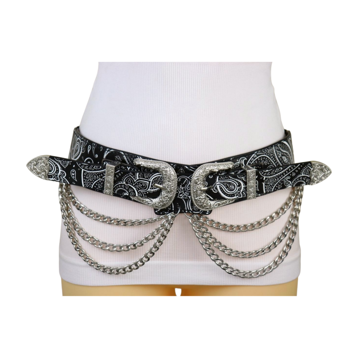 Women Black Wide Elastic Belt White Paisley Double Silver 