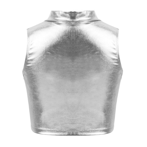 Kid Girl Shiny Metallic Dance Crop Tank Vest with Shorts Gym Workout Outfits - Picture 94 of 117