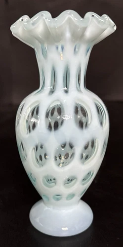VTG Fenton Ice Blue Coin Dot 6 1/2" Vase Opalescent Ruffle Rim Art Glass